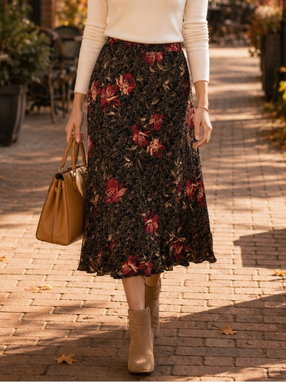 Emma James NWT Floral Midi Skirt Size L Black Red Pull-On Stretch